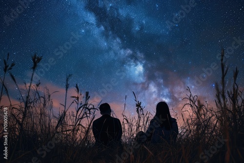 A couple stargazing in a remote field, the vast universe above them a reminder of the infinite wonder and mystery that nature holds. #703005678