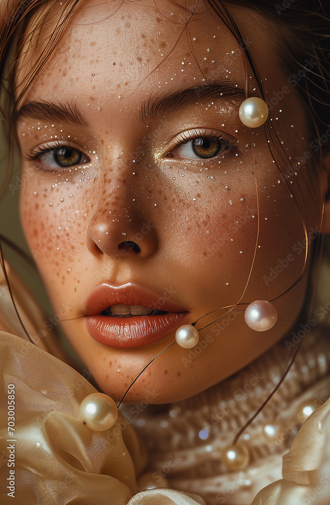 stylish close up portrait of a woman with pearls, ai generated