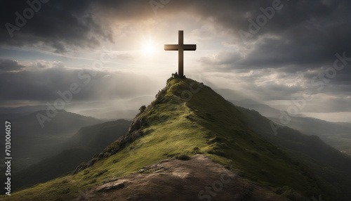 Fotografia The sky over Golgotha Hill is shrouded in majestic light and clouds, revealing the holy cross symbolizing the death and resurrection of Jesus Christ