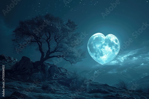 A moonlit night with a heart-shaped moon, a mystical and romantic backdrop for dreamy and passionate love confessions copy-space