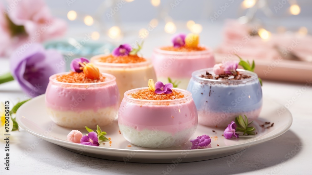 a white plate topped with desserts covered in pink and blue frosting and topped with pink and purple flowers. a white plate topped with desserts covered in pink and blue frosting and topped with pink and purple flowers.