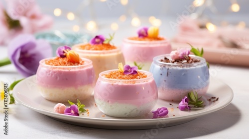  a white plate topped with desserts covered in pink and blue frosting and topped with pink and purple flowers.