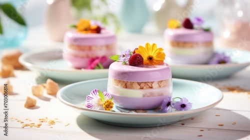  a table topped with three small cakes covered in frosting and topped with strawberries and yellow and purple flowers.