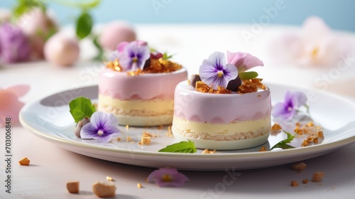  a white plate topped with two desserts covered in pink and white frosting and topped with purple pansies.