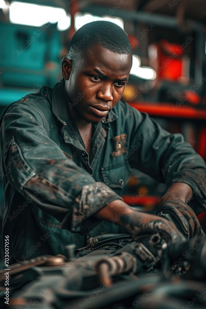 Young African mechanic working in a workshop