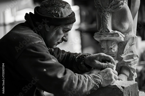 Sculptor working on a stone statue capturing craftsmanship and concentration