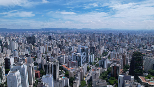 Aerial view of Avenida Paulista in Sao Paulo, Brazil. Very famous avenue in the city. High-rise commercial buildings and many residential buildings