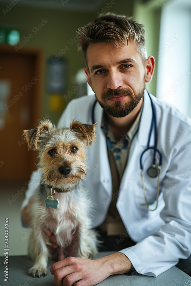 Veterinarian with a small dog in a clinic Veterinarian with a small dog in a clinic