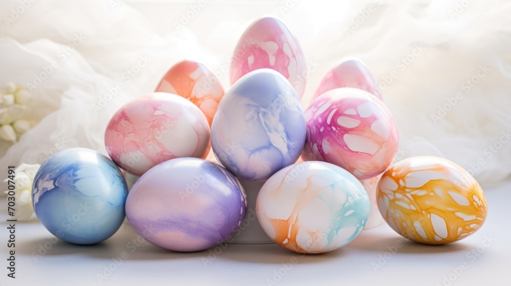  a pile of painted eggs sitting on top of a white table next to a bouquet of white and pink flowers.