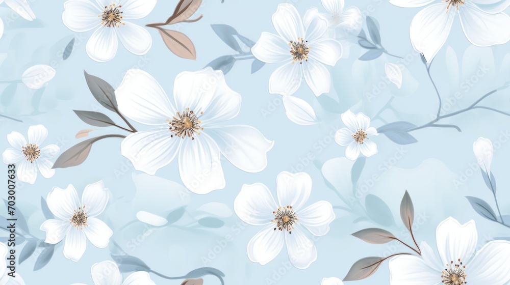  a blue and white floral wallpaper with white flowers and leaves on a light blue background with a light blue background.