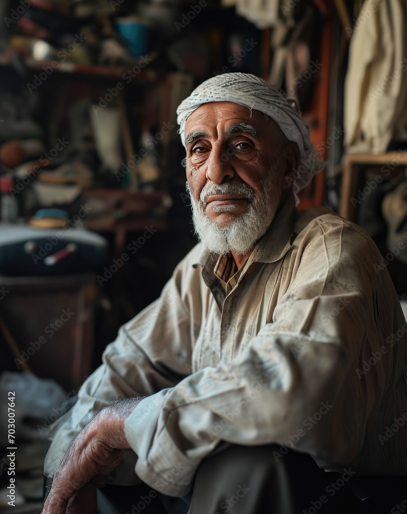 Elderly man with a thoughtful expression in a workshop setting Elderly man with a thoughtful expression in a workshop setting