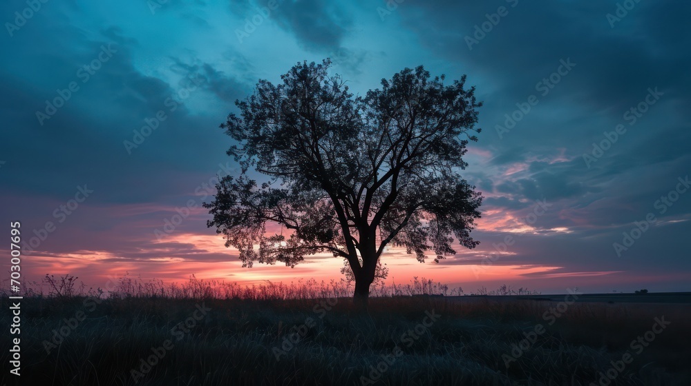 A stunning view of the sunrise in the blue hour, with the outlines of trees enhancing the beauty of the sky painted in shades of blue and violet.