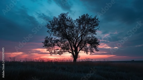 A stunning view of the sunrise in the blue hour  with the outlines of trees enhancing the beauty of the sky painted in shades of blue and violet.