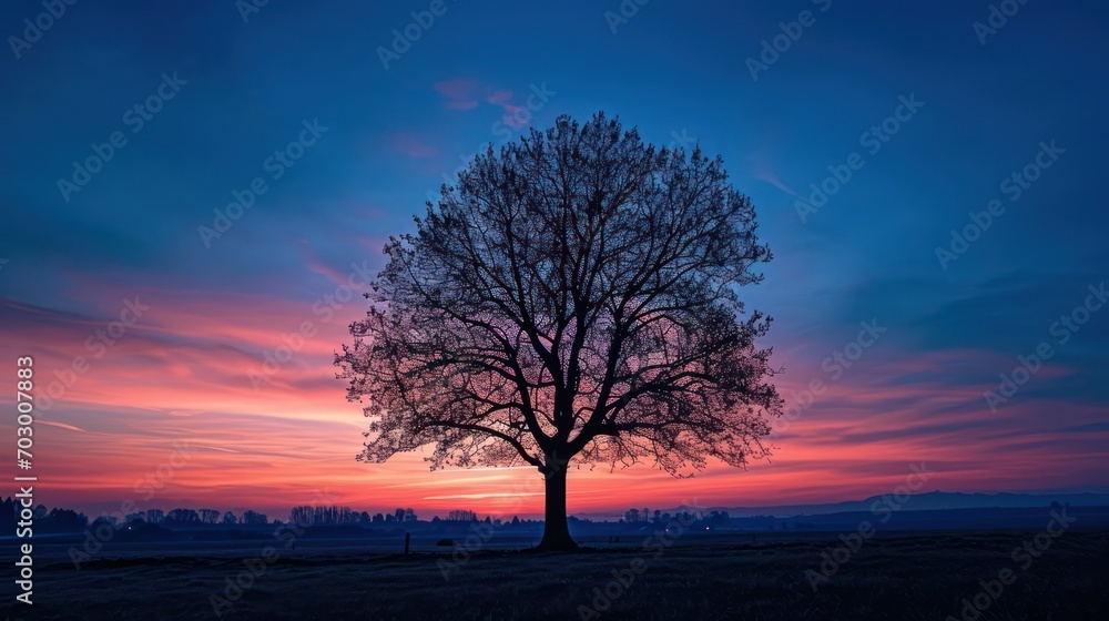 A beautiful view of the sunrise during the blue hour, with the silhouettes of trees against a sky blushing in shades of blue and violet A beautiful view of the sunrise during the blue hour, with the silhouettes of trees against a sky blushing in shades of blue and violet