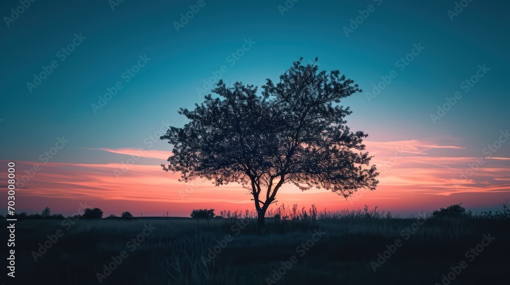 A beautiful view of the sunrise during the blue hour, with the silhouettes of trees against a sky blushing in shades of blue and violet