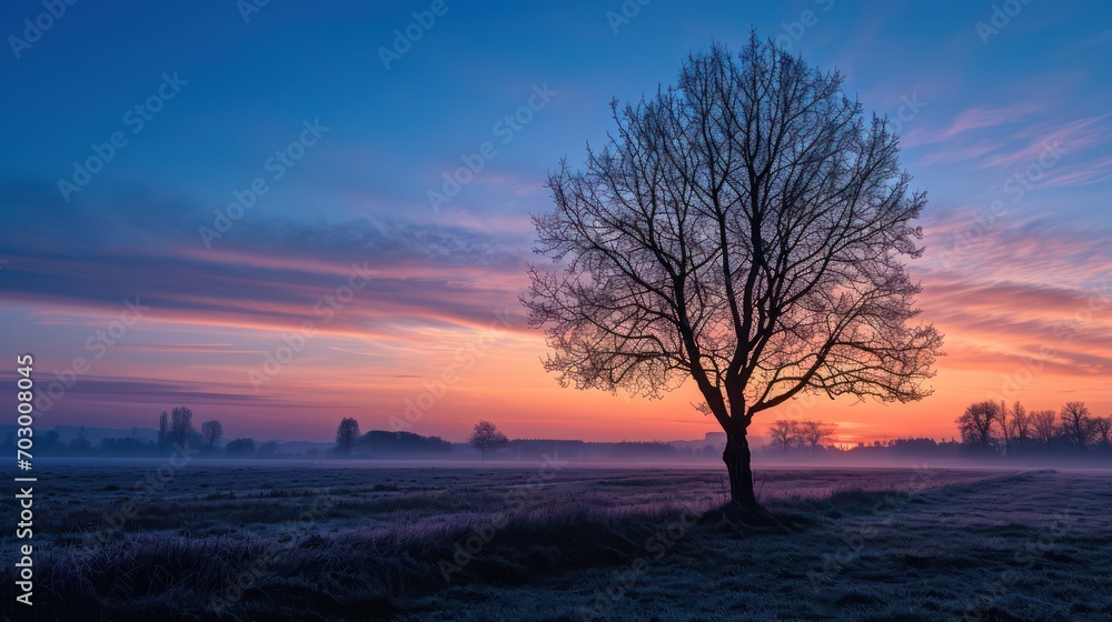 Captivating sunrise during the blue hour, where the silhouettes of trees stand out against a sky painted in shades of blue and violet.