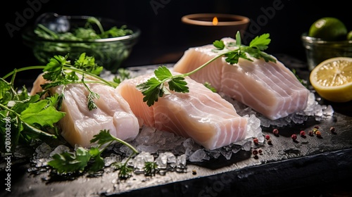 Freshly caught cod fillets with aromatic herbs and zesty lemon slice   fresh seafood cuisine concept