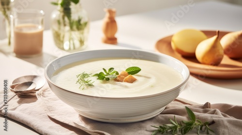  a bowl of soup sitting on top of a table next to a plate of pears and a glass of milk.