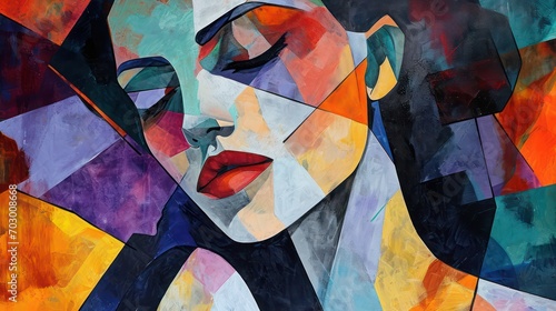 Vibrant and modern, an abstract painting of a woman combines contemporary and cubism styles with geometric art, making it suitable for wall art, printing design, and artistic posters. 