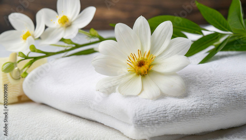 Spa still life with towel and flower, spa theme, wellness and body treatment