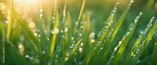 Luminous Dew on Jade Grass Blades_ A close-up of morning dew on vibrant green grass blades