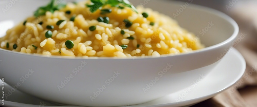 Saffron Yellow Risotto in a White Bowl_ A panoramic shot of a creamy saffron risotto Saffron Yellow Risotto in a White Bowl_ A panoramic shot of a creamy saffron risotto