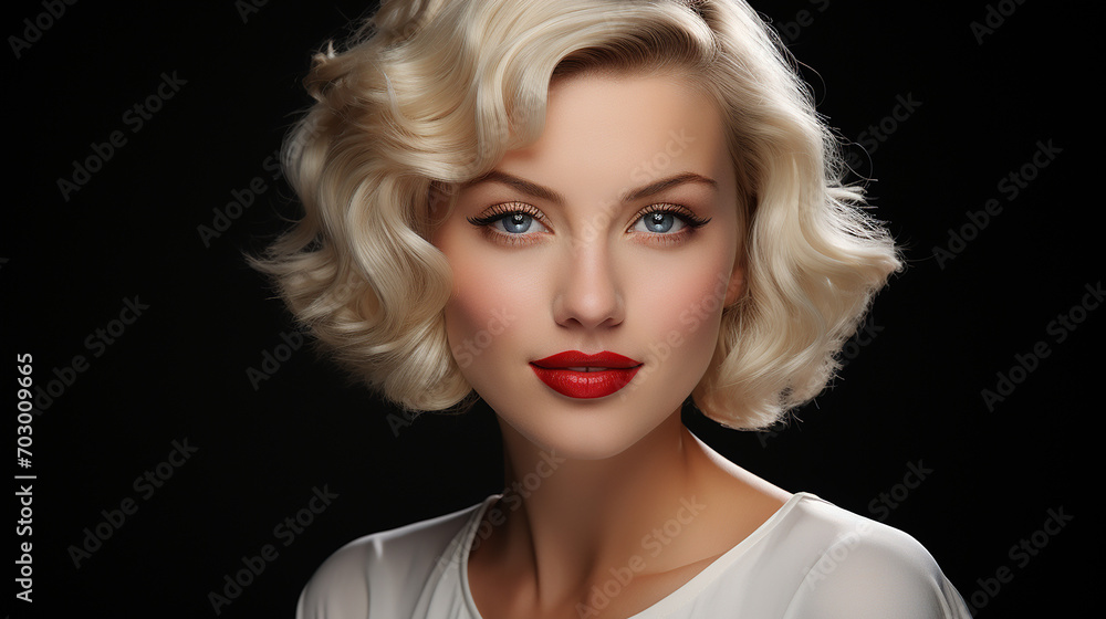 Porträt einer schönen blonden Frau mit roten Lippen und lockiger Frisur.