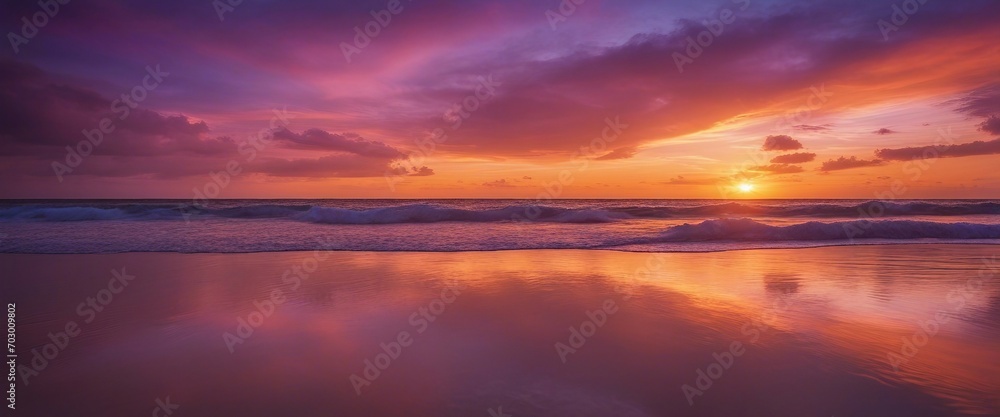Tropical Beach Sunset_ The sun setting over a tropical beach, with the vibrant oranges and purples