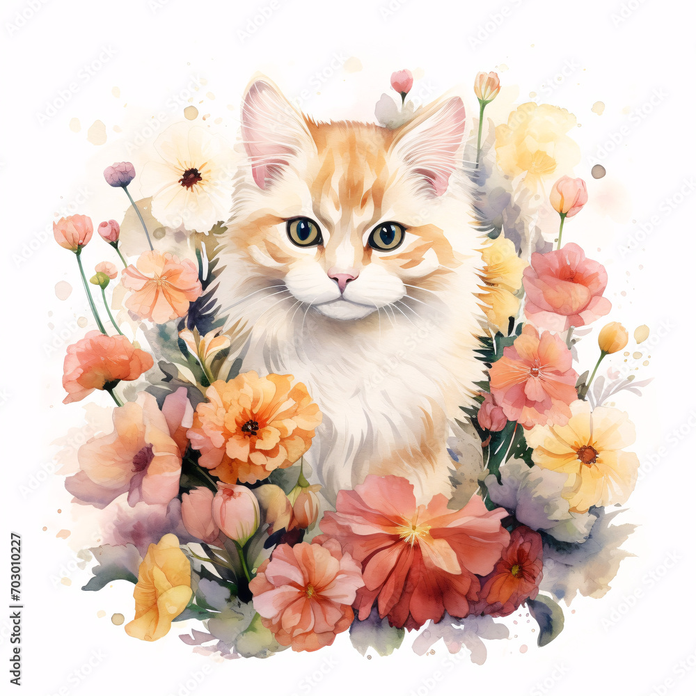 Enchanting watercolor illustration of a cute kitten surrounded by colorful summer flowers Enchanting watercolor illustration of a cute kitten surrounded by colorful summer flowers