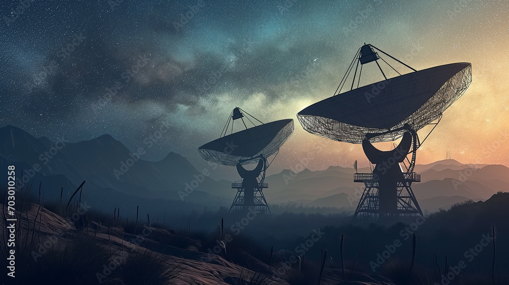 Twin satellite dishes at an astronomical observatory, unveiling celestial marvels adorn our universe Twin satellite dishes at an astronomical observatory, unveiling celestial marvels adorn our universe