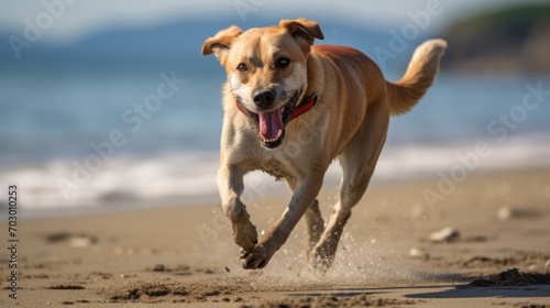 Perro feliz corriendo por la playa