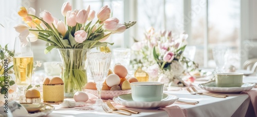 Elegant Easter brunch table setting with spring flowers and pastel decor. Seasonal celebration and style. Banner. photo
