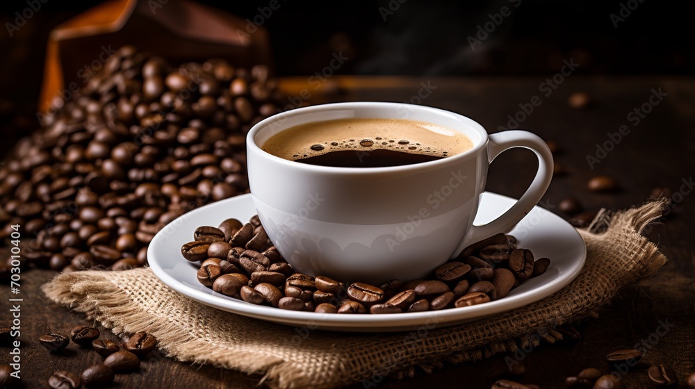 Fototapeta premium Rustic vintage table setting with espresso coffee cup and freshly roasted coffee beans as background