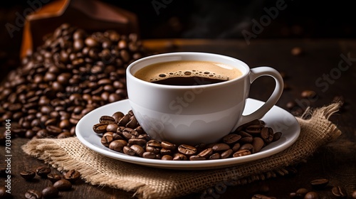 Rustic vintage table setting with espresso coffee cup and freshly roasted coffee beans as background