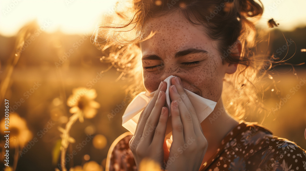 woman with pollen allergies with freckles sneezing outdoors - obrazy, fototapety, plakaty 