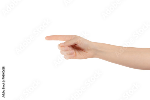 Hand pointing direction isolated on transparent png background with clipping paths. A hand pointing at someone or something.