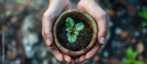Female hands cradling growing plant in a bowl.