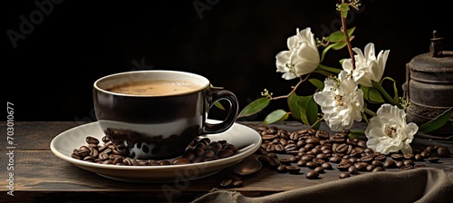 Vintage wooden table with espresso coffee cup and freshly roasted coffee beans as background