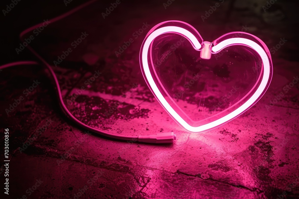 A pink heart-shaped neon sign glowing on a dark background, a modern and trendy Valentine's vibe with copy-space for electric love notes.