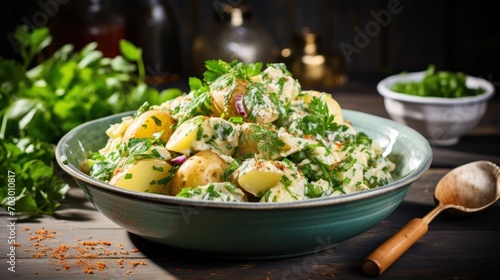  a close up of a bowl of food on a table with a spoon and a bowl of salad in the background.