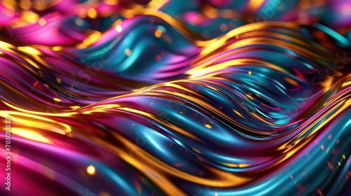 A sleek metallic finish enhances the vibrancy of glossy colored waves in this abstract background  creating a dynamic display with bright rainbow hues.