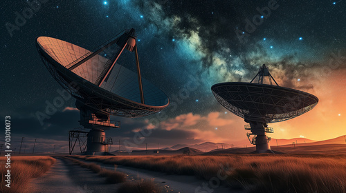 Earth-based observatory with dual radio telescopes connecting with the starry expanse photo