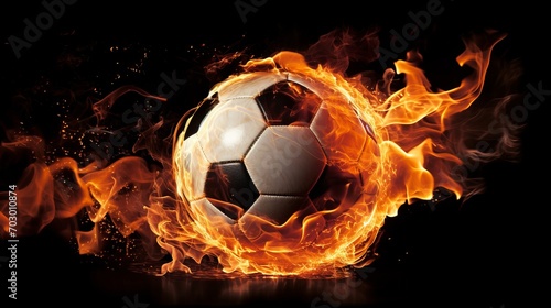 Explosive and dynamic soccer ball on fire  fiercely striking the goal with a net ablaze in flames