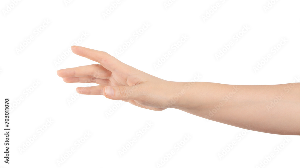 Close up of hand trying to reach for someone or something. Gesture of giving or asking help or sign for lust isolated on transparent png background. Carrying for you.  Gentle motion and gesture female - obrazy, fototapety, plakaty 
