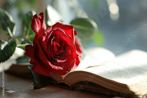 A single red rose lying across an open book, a poetic and romantic scene for love letters copy-space