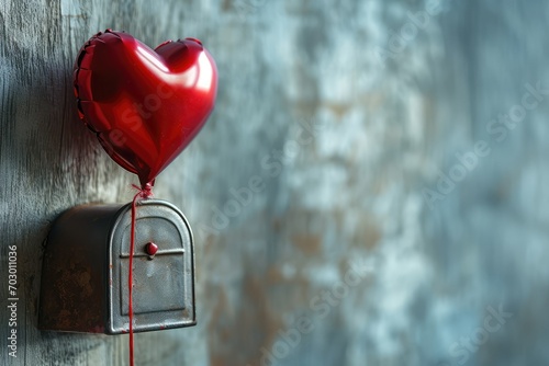 A single red heart-shaped balloon tied to a vintage mailbox, a nostalgic Valentine's background with copy-space for waiting love letters.