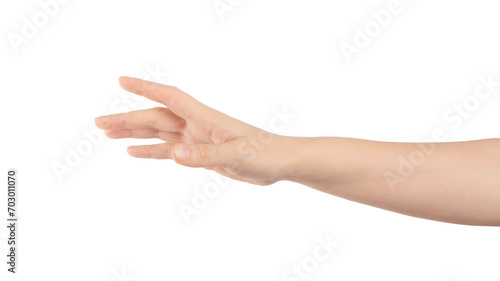 Close up of hand trying to reach for someone or something. Gesture of giving or asking help or sign for lust isolated on transparent png background. Carrying for you.  Gentle motion and gesture female photo