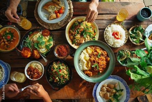 A table set with dishes that blend ingredients and cooking techniques from different cultures, celebrating culinary diversity.
