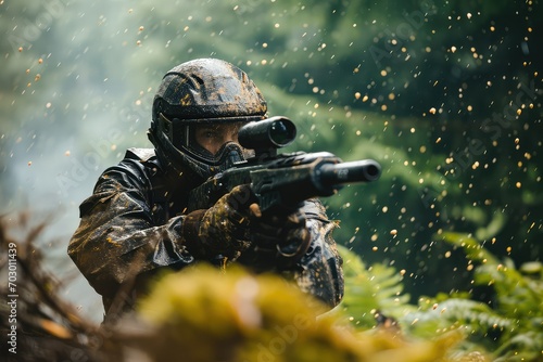 Action-packed paintball game in a forested outdoor arena