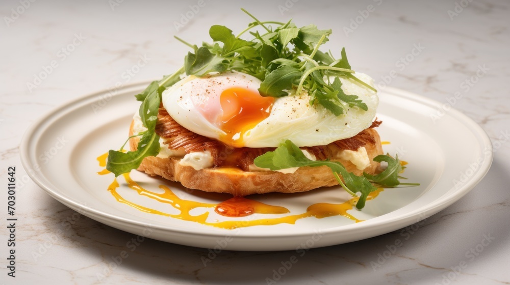  a close up of a plate of food with a poached egg on top of a croissant.